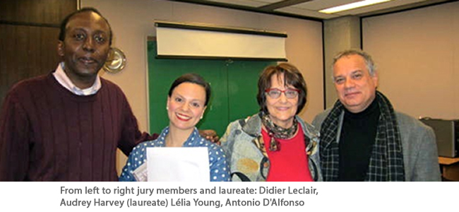 Jury members and laureate. Didier Leclair, Audrey Harvey (laureate), Lélia Young, Antonio D'Alfonso